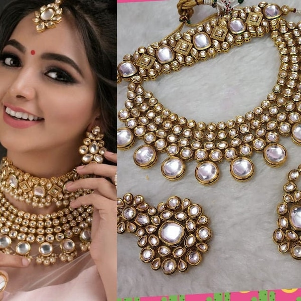 Ensemble de collier de mariée, bijoux en perles jadau kundan, bijoux indiens, bijoux de mariée, bollywood, ethnique, déclaration, collier Polki, réplique Sabyasachi