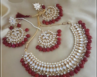 Handmade Kundan Choker Necklace Earrings Tika Jewelry Set, Maroon Beads Bridal Choker Necklace, High Quality Necklace Dangler Earrings Set