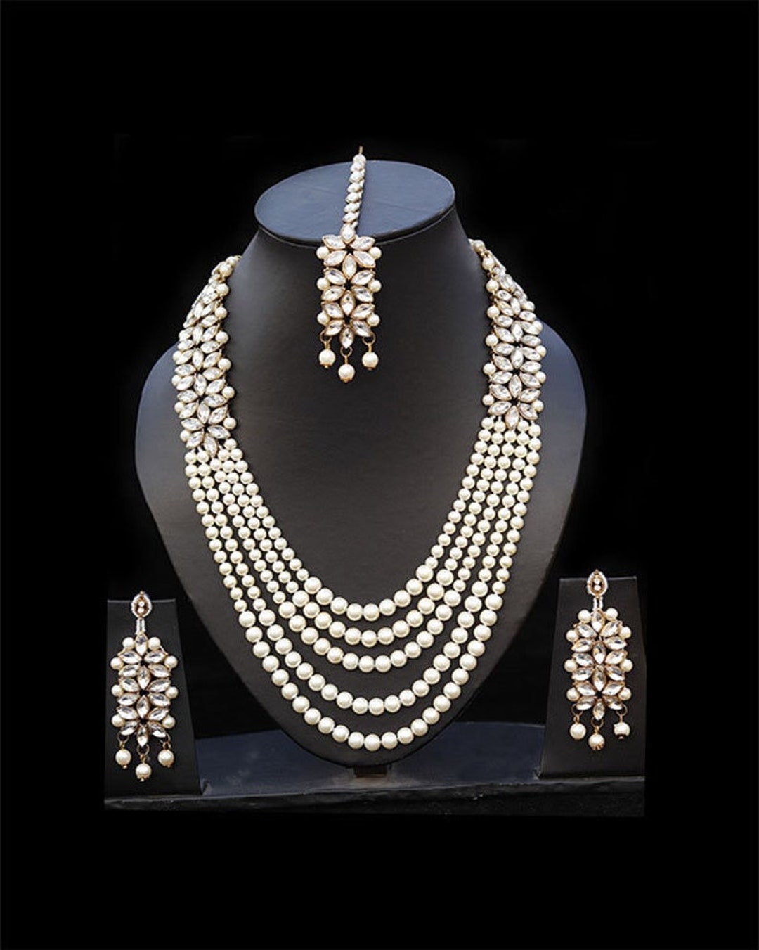 Pearls Multi Layers Long Necklace Earrings Tikka Teeka Headpiece Mala ...