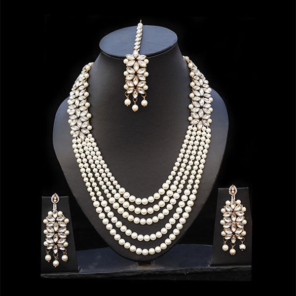 Pearls Multi layers Long Necklace Earrings Tikka teeka headpiece mala rani haar antique gold wedding bridal kundan polki Bollywood jewelry