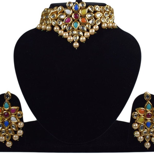 Indian Bollywood Navratan Choker Bridal Wedding Jewelry Set, Meena Kundan Jewelry, Traditional Choker Bridal Jewelry Set With Earrings,Tikka