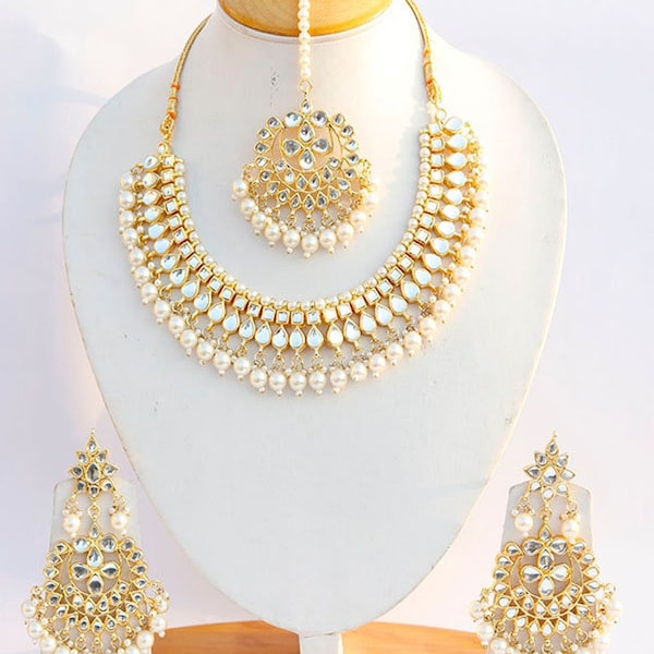 Indian Handmade Kundan Pearls Gold Plated Choker Necklace Earrings Tikka Big Bridal Wedding Fashion Punjabi Pakistani Ethnic Jewelry Set