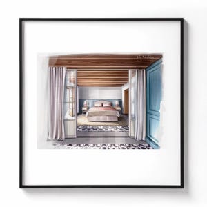 May include: A watercolour illustration of a bedroom interior. The bedroom features a bed with a pink and white duvet, a wooden headboard, and a patterned rug. The bedroom is viewed through an open doorway with white curtains and a blue door.