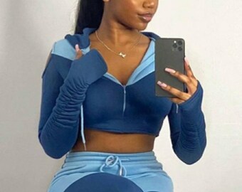 Color Block Hooded Sweat Crop Top