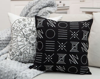 Embroidered Throw Pillow Cover: Black & White Boho Accent Pillow