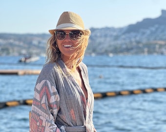 Badjas Beach Cover Boho Kimono Katoenen Gewaad Zomer Loungewear Dunne Resort Gewaad met Riem Turks Katoen Moederdag Cadeau