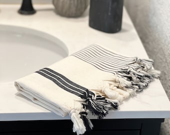 Linnen handdoek, keukenhanddoek rustiek boerderijdecor, Turkse katoen zwarte lijnen, theedoek, badkamerhanddoek, boho handdoek neutrale kleuren