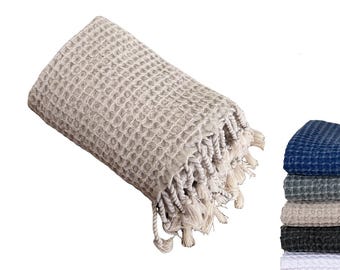 Beige handdoek Turks katoen met wafelpatroon: decoratieve badkamerhanddoek