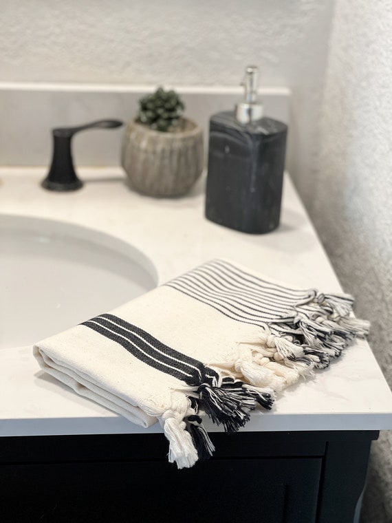 Linen Hand Towel, Kitchen Towel Rustic Farmhouse Decor, Turkish Cotton Black Lines, Tea Towel, Bathroom Towel, Boho Towel Neutral Colors