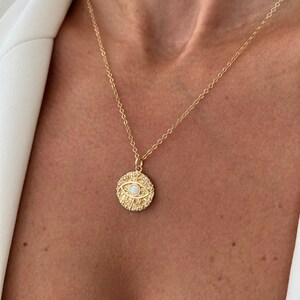 Gold Filled Evil Eye Coin Necklace: Opal & Cubic Zirconia