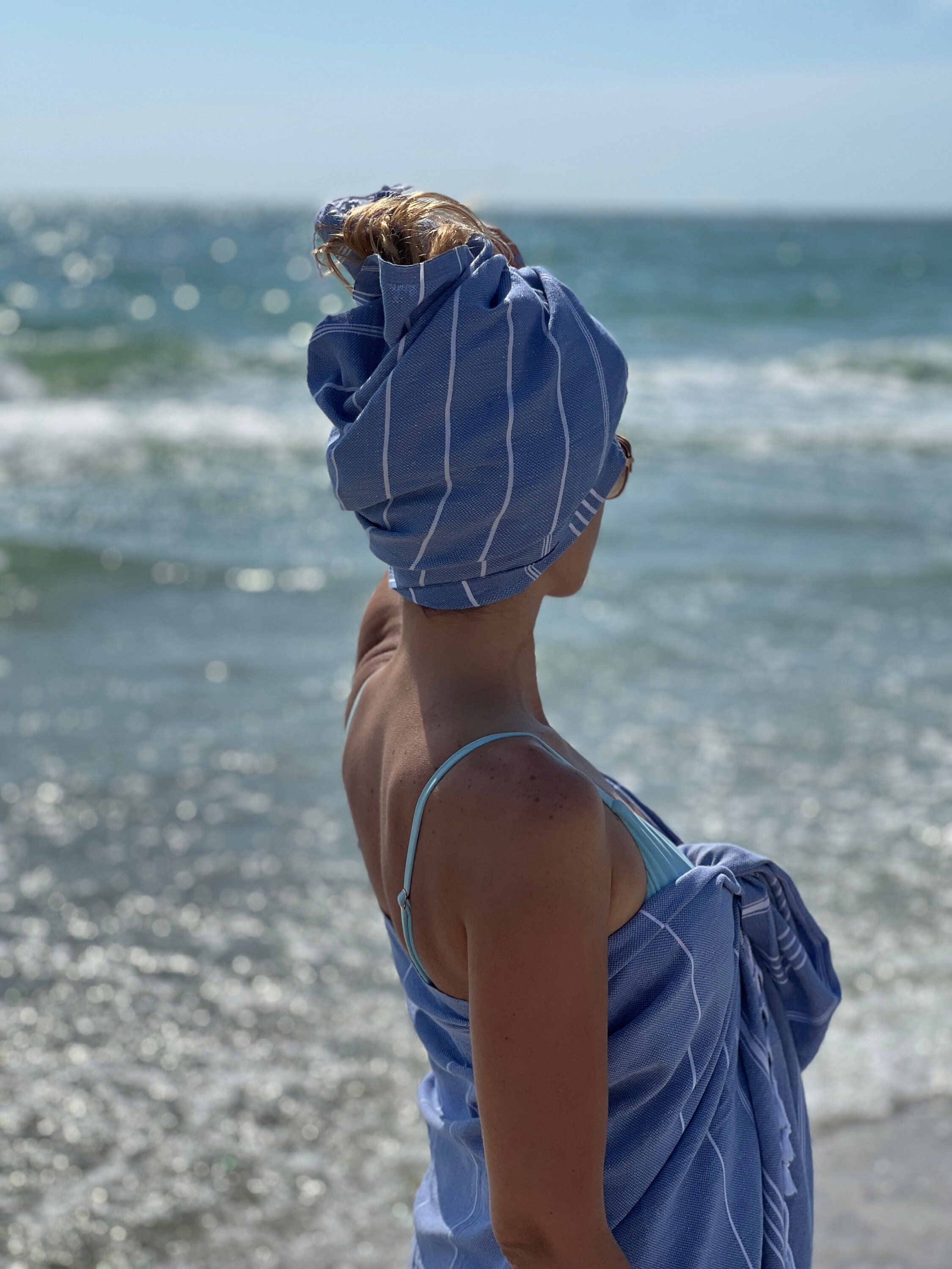 Premium Turkish Herringbone Towel Fouta Peshtemal Beach Bath Spa Yoga Hammam Gym Pool Towel Wrap Pareo Sarong Authentic 100% Turkish Cotton (Green & Blue