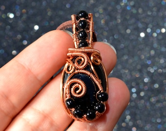 Black Onyx Natural Stone wrapped in Coated Copper Wire - Handmade Unique Pendant Necklace