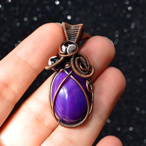 Purple Onyx Copper Pendant, Unique Handmade Wire Wrapped Stone, wire wrapping and wire weaving