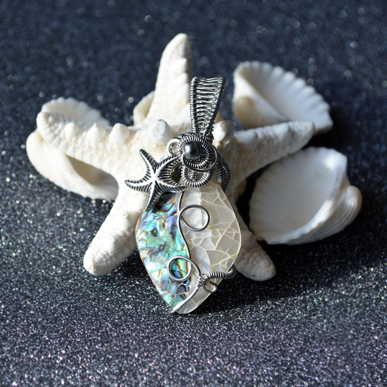 New Zealand Abalone Shell Art Bead wrapped in Silver Copper Wire