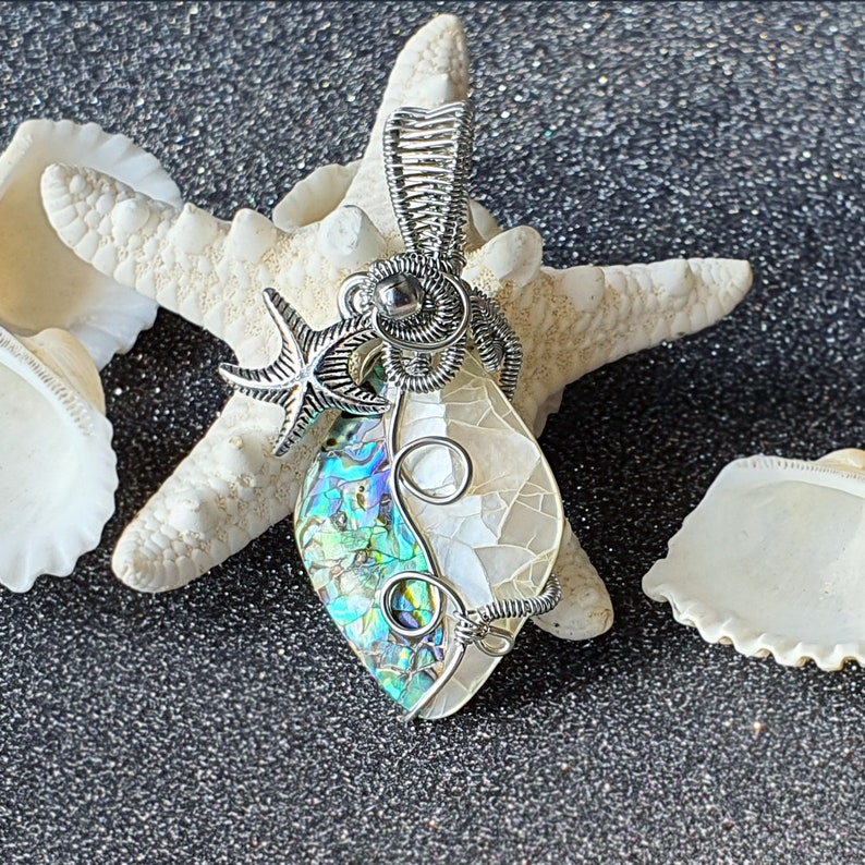 New Zealand Abalone Shell Art Bead wrapped in Silver Copper Wire