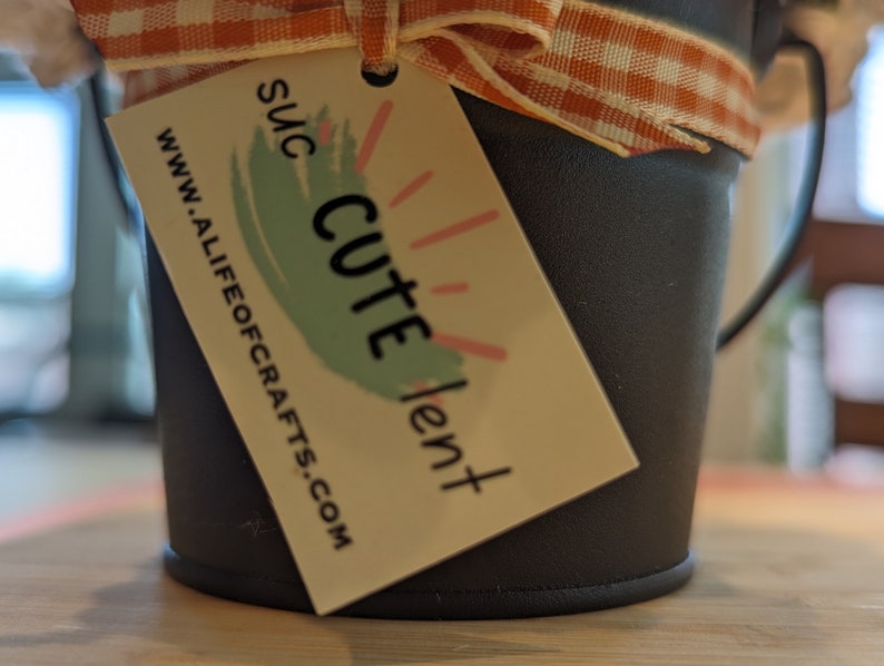 May include: A small black metal bucket with a white and orange checkered ribbon and a tag that says "Suc Cute Lent" and "www.alifeofcrafts.com".