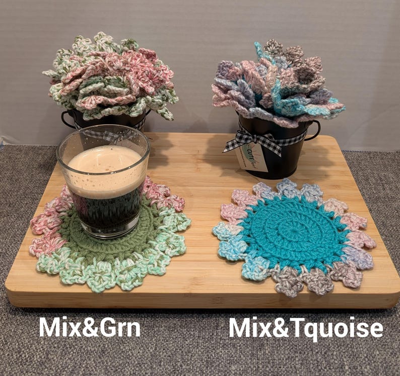 Succulent Plant Pot Coaster Set, Crochet Coaster Set image 10