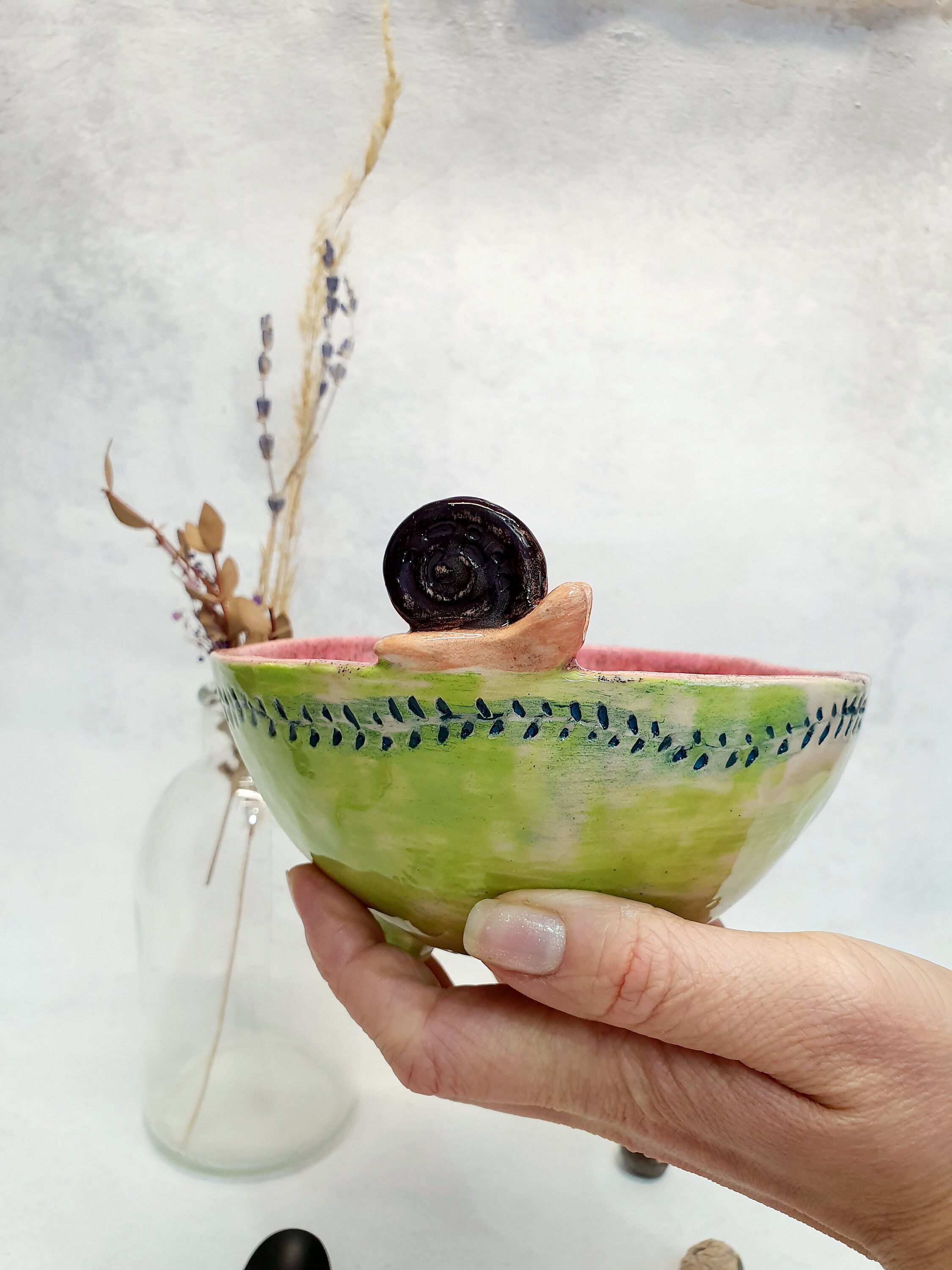 Ceramic Decorated cereal bowl Dish snail pink pottery Etsy