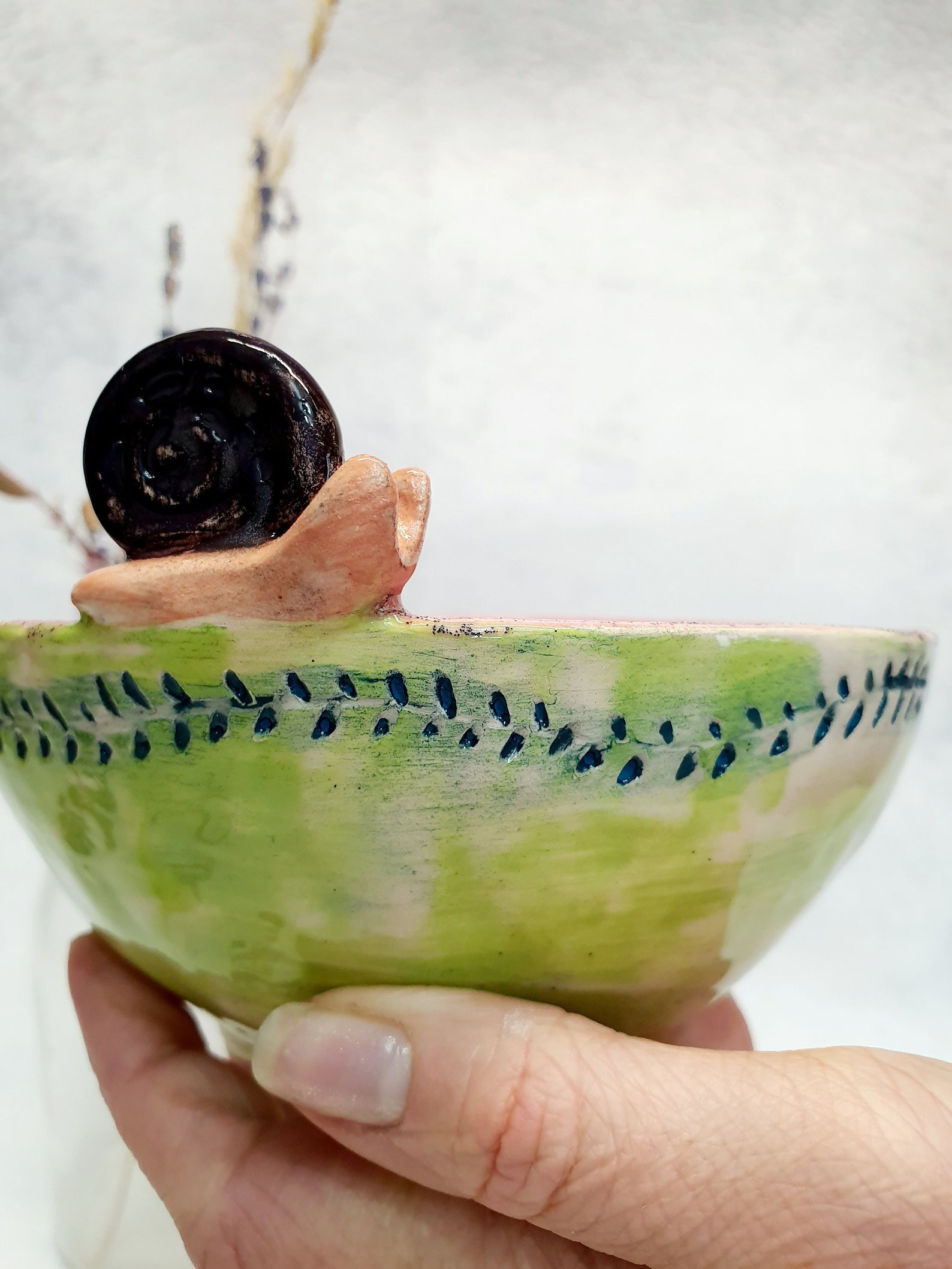 Ceramic Decorated Cereal Bowl Dish Snail Pink Pottery Etsy