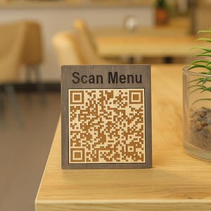 Custom Wooden QR Code Sign, Personalized Engraved Plate with Logo for Restaurant Cafe Bar, Contactless Menu WiFi Review Social Media Access