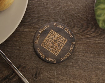 Menú personalizado con código QR para bares, salones y cafeterías; letrero circular con código QR; código QR de Wi-Fi de madera escaneable.