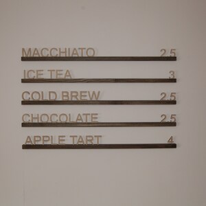 Quadro de letras de madeira, quadro de letras, menu de parede, quadro de mensagens, suporte de menu de café, menu de padeiro, sinal de bar de café, trilhos de menu