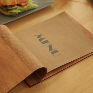 Houten menukaart, menukaart, menuomslag, restaurantmenuomslag, GRATIS GRAVURE