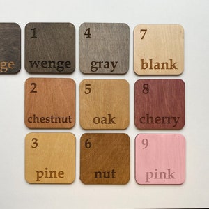 May include: Nine wood samples with numbers and names of wood types: wenge, chestnut, pine, oak, cherry, nut, gray, blank, and pink.