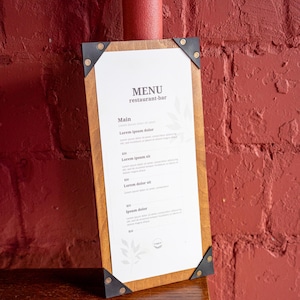 Tablero de menú de bar, portamenús de madera con esquinas de cuero, portamenús rústico para restaurante, portamenús grabado a láser