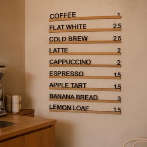 May include: A cafe menu displayed on a light-coloured wooden board. The menu includes coffee, flat white, cold brew, latte, cappuccino, espresso, apple tart, banana bread, and lemon loaf.