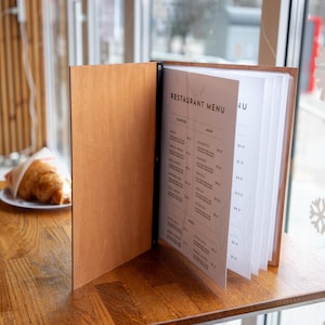 Chemise de menu en bois, menu de restaurant personnalisé, menu de restaurant en bois, couverture de menu de taille personnalisée, couverture de menu gravée
