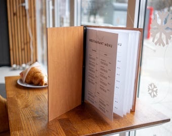 Portamenús de madera para restaurante, tableros de menú personalizados con grabados (tamaños A4, A5, carta legal para vino), carpeta de menú de madera personalizada con grabado gratuito.