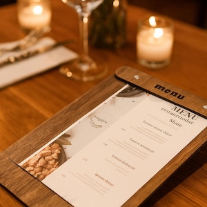 May include: Wooden menu holder with a printed menu, featuring the word "menu" at the top. The menu includes text and a graphic of food. The scene is set on a wooden table with candles and a wine glass.