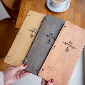 Menuomslag wijnkaart op ringen, houten menukaart, menuomslag, restaurantmenuomslag, aangepaste menuomslag