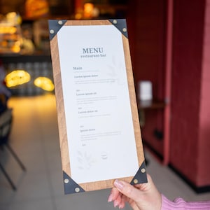 Portamenús de madera con esquinas de cuero: portamenús rústico para restaurante, tablero para menú de bar, portamenús grabado a láser