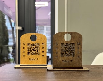 Custom Wooden QR Code Menu Sign, Logo QR Plaque With Scan To Pay And Website Code, Tabletop Business And Restaurant Display