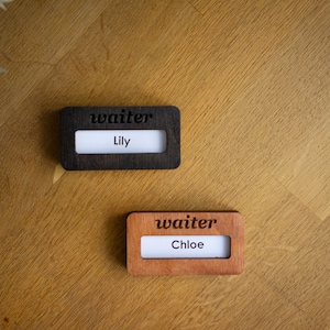 NAME BADGE, Business name tags, Wooden badge, cafe name badges
