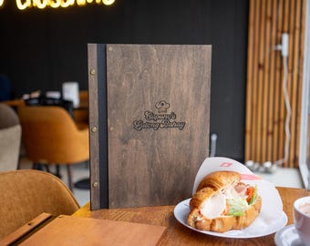 Personalisiertes Restaurant-Menü, Holz-Restaurant-Menü, Menühülle in benutzerdefinierter Größe, Menühülle mit Gravur, Menüordner aus Holz