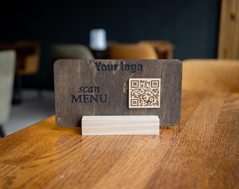 Custom Wooden QR Code Sign – Branded QR Menu & Scan-to-Pay Plaque for Restaurants and Small Business, Modern Custom Logo Display