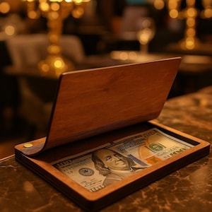 May include: A wooden box with a hinged lid, revealing a US $100 bill. The box is made of light brown wood and has a simple, elegant design. The bill features a portrait of Benjamin Franklin.
