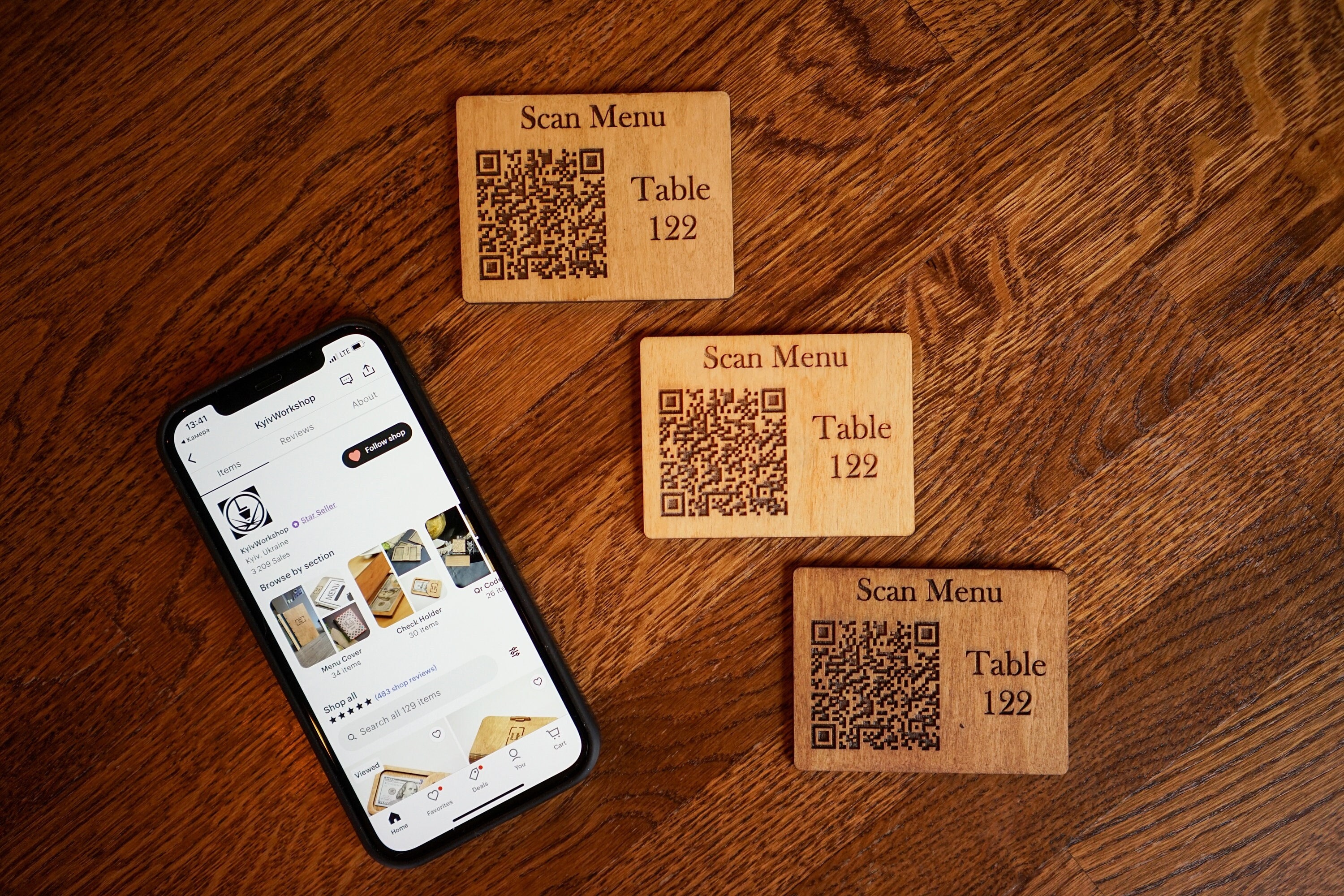 Wooden qr code menu sign with custom text, Table numbers, QR code menu, QR code menu sign with table number