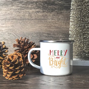 Merry and bright mug, Christmas mugs, Holiday mugs, Custom enamel mug, Coffee mug personalized, Cute mug, Metal mug, Camp mug, Hot cocoa mug