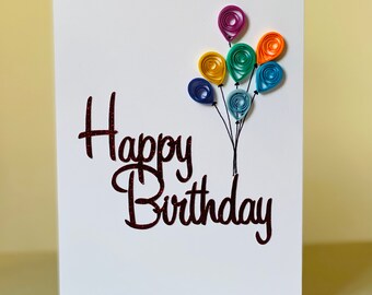 Handmade Happy Birthday card with quilled balloons | birthday card for him, her | quilled card | quilled balloons | celebration card | cute
