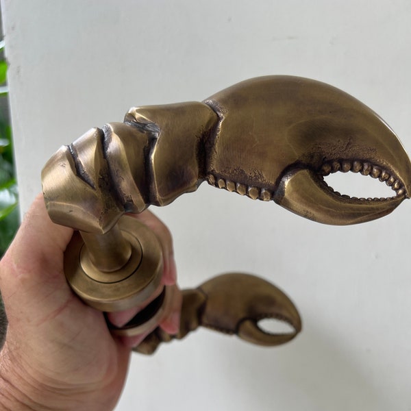 Paar funktionsfähige Krabbenkrallen-Türgriffe, 13 cm lang, schwere Gussgriffe aus massivem Messing, altmodischer Naturbronze-Patina inkl. Spindelhummer