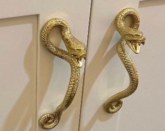 2 very heavy small curly snake SOLID brass 7" inch 18 cm cast hand made grab Old Style Kitchen cabinet Door Pull Handle rear fixing