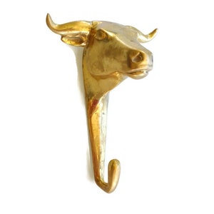 heavy Brass Large 15cm Cow Bulls Head hook pull Old Style door solid heavy cast hollow brass  polished aged patina horn buffalo 6 " long