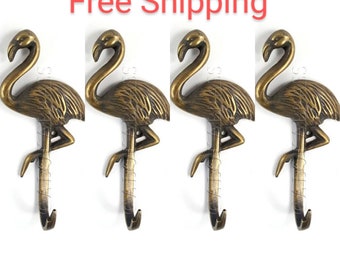 4 Flamingo Coat Brass Hook Old Style 12cm Wall Mounted Old Style Beach hand cast 5" inch