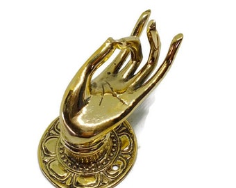 Brass medium 3" backplate door handle hook pull 7.3 cm Shuni Mudra Buddha Hand shape Handles 13cm Aged Patina Knob