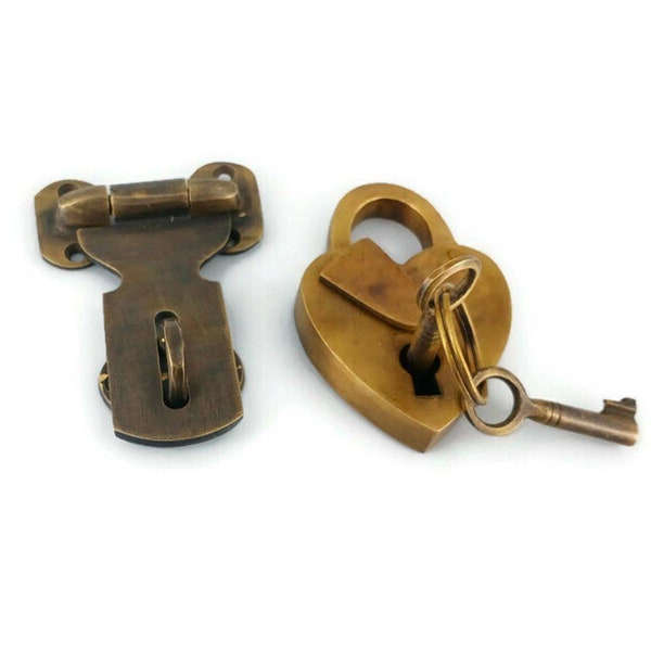 Brass small HEART padlock + small hasp + 2 keys heavy strong 8 cm Brass Hasp Staple Latch Catch Old Style House Door Lock Trunk 3" chest BOX