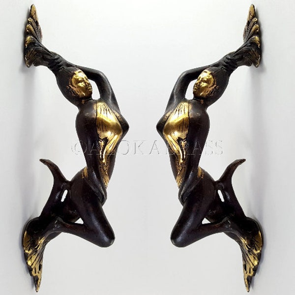 2 brass reclining art deco lady shape 10.1/2" Curvy  Brass Polished Door Pull Handle Grab Old Style 27.5 cm